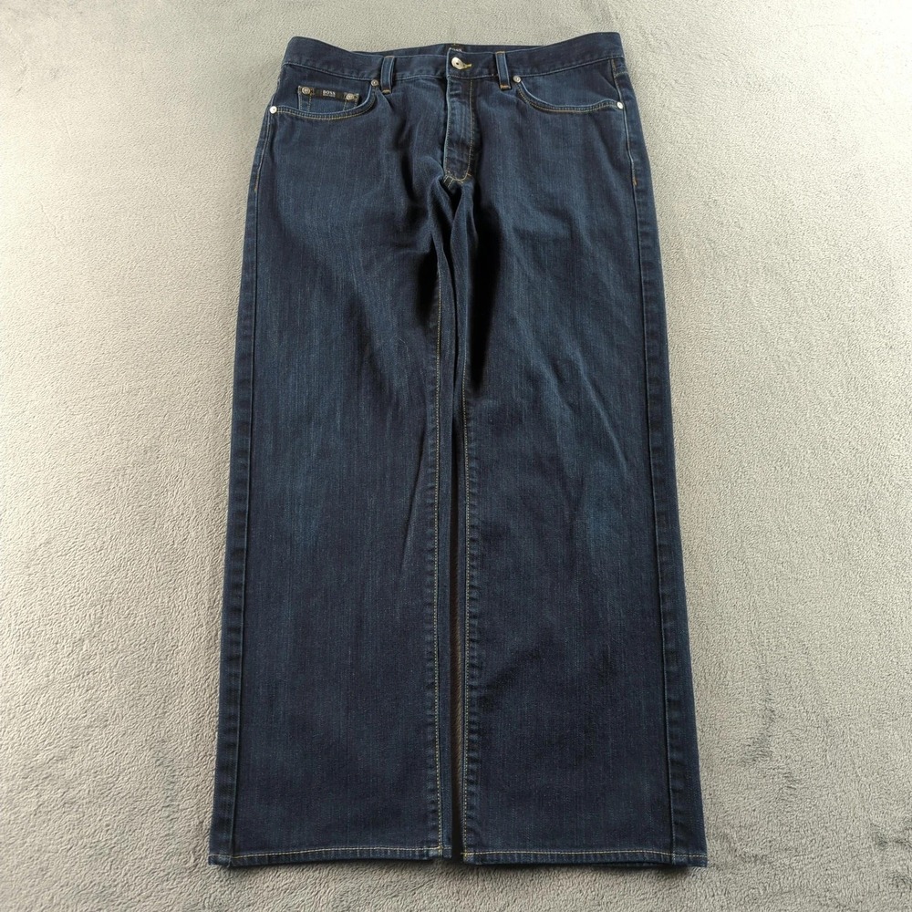 HUGO BOSS Jeans Mens 38 (Fits 36x30) Blue Dark Wash Straight Wide‎ Texas EUC